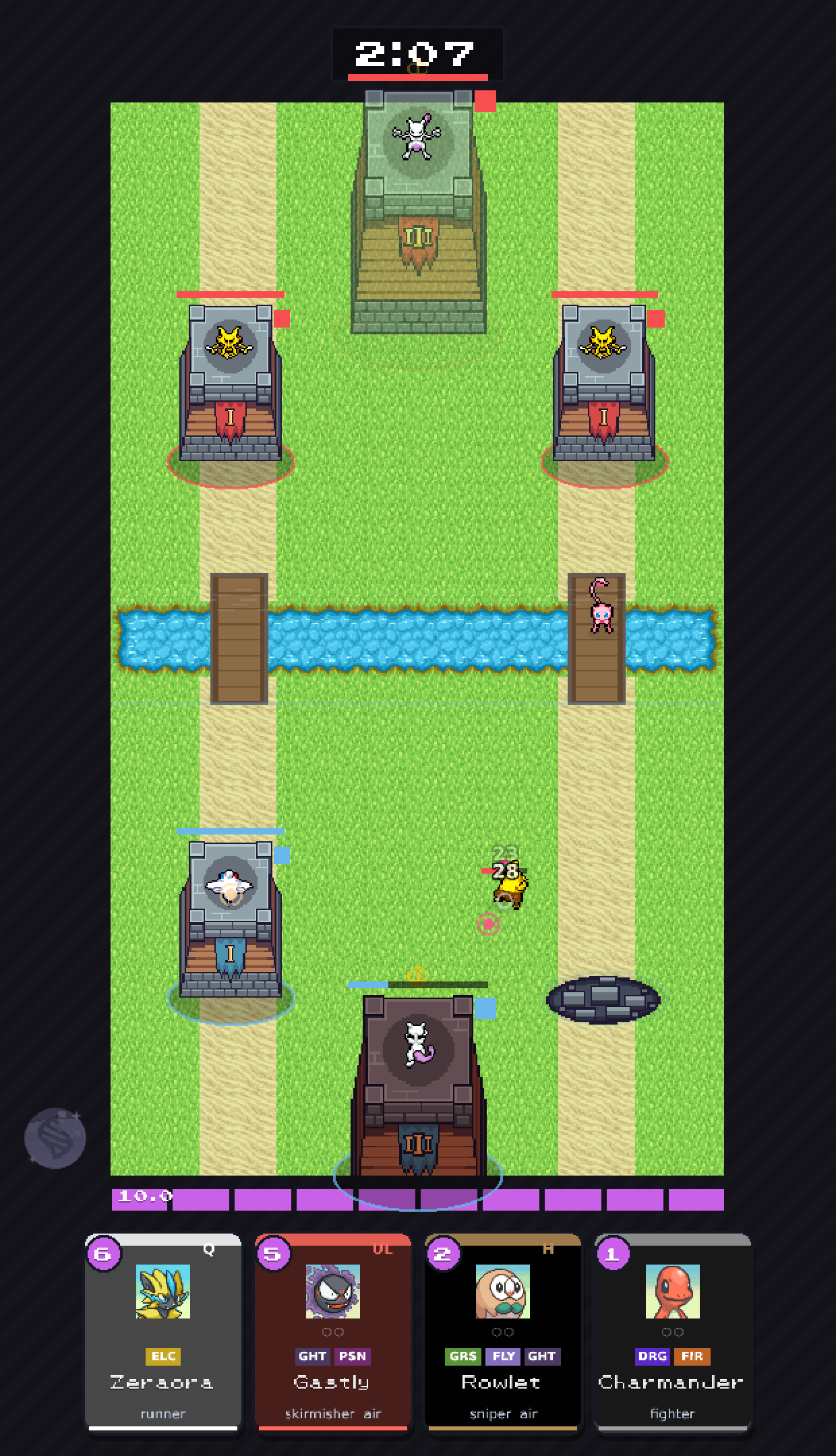 A match in progress: two towers either side of a river, a deck of Pokémon cards along the bottom, and an elixir bar filling.